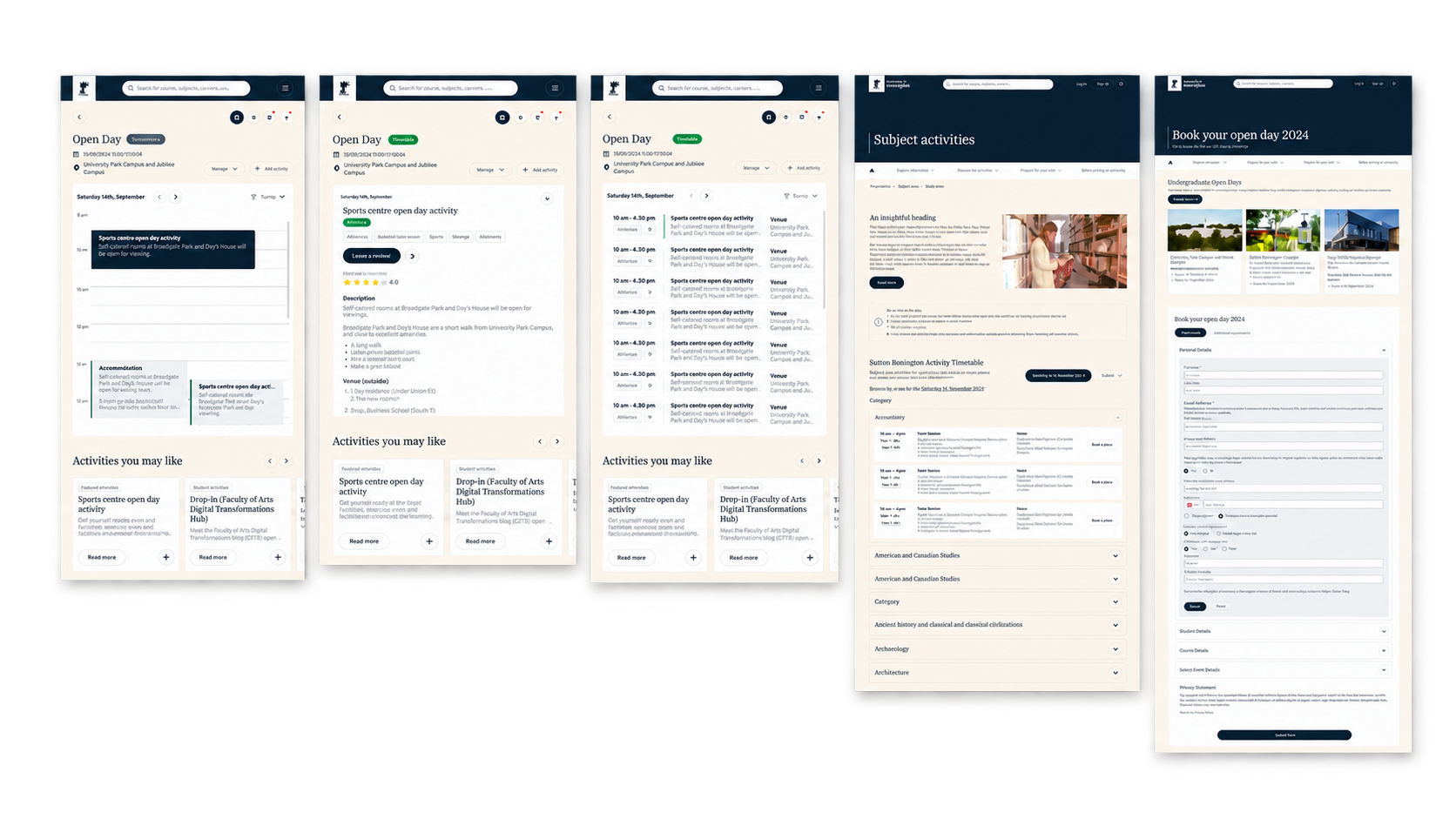 Student events calendar and booking screens