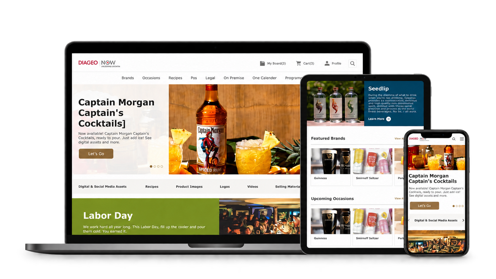 Diageo Now product mockup showing desktop, tablet, and mobile screens